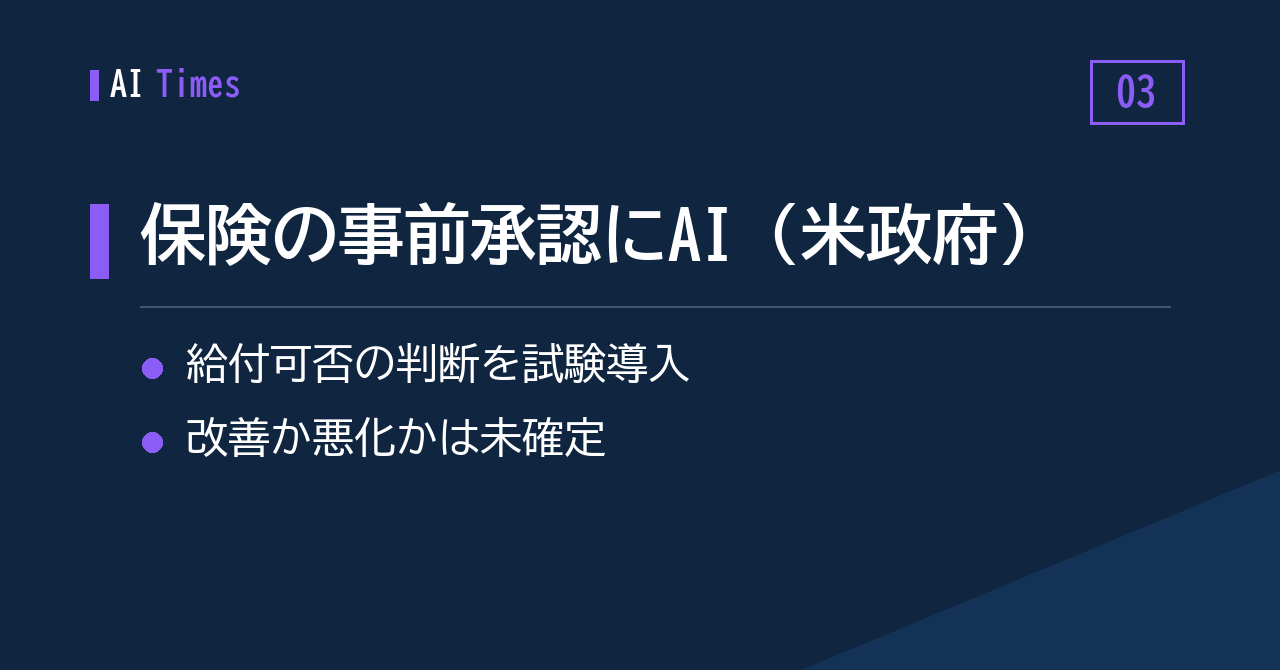 3. 保険の給付可否判断にAI — 米政府が試験プログラム