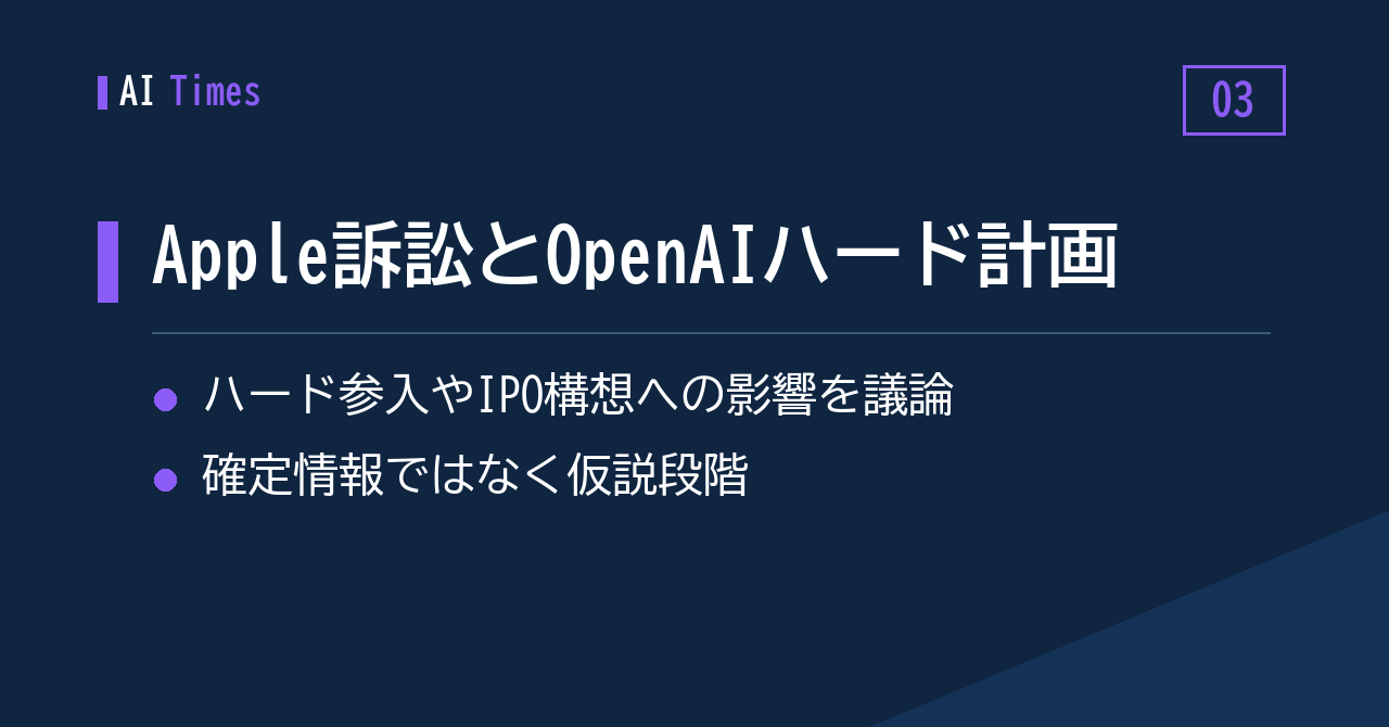 3. OpenAIのハードウェア構想、Appleの訴訟がリスク要因に?
