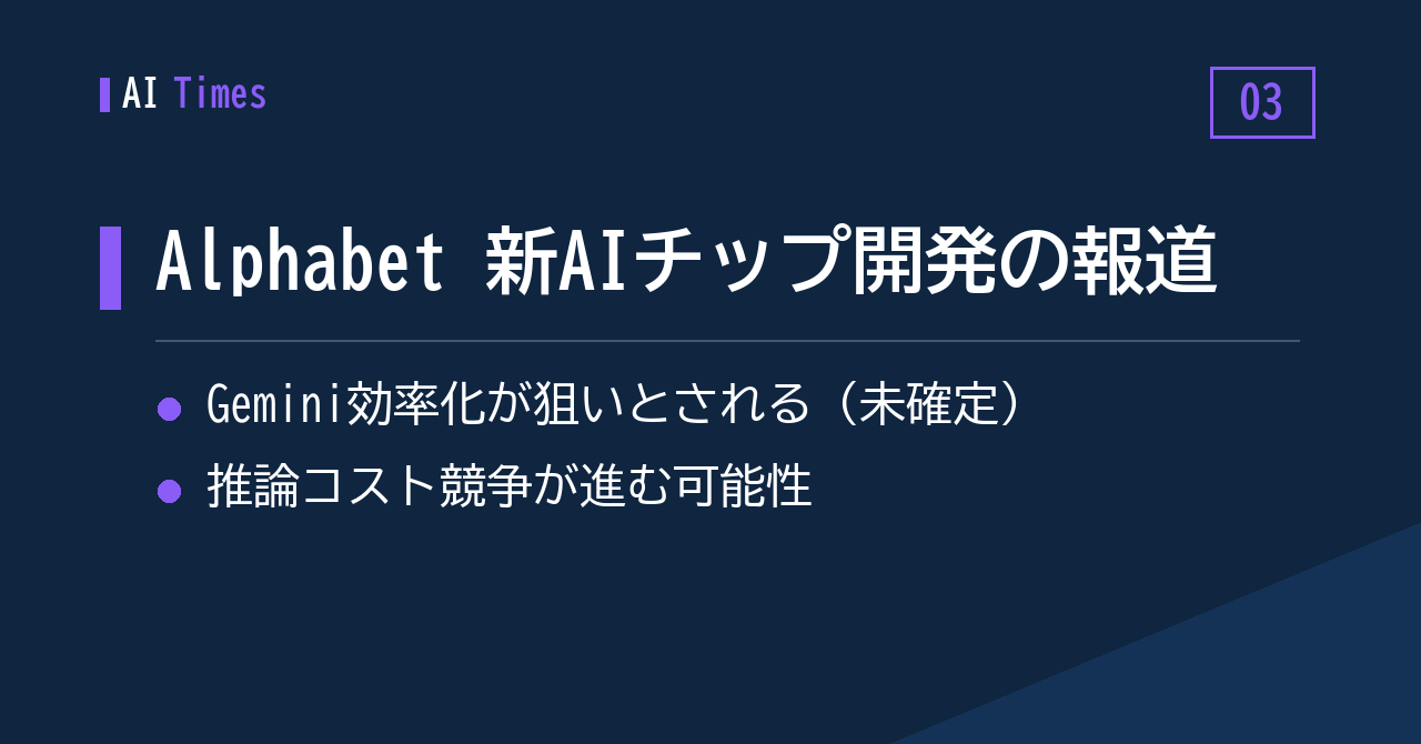 3. AlphabetがGemini向け新AIチップを開発中との報道（未確定）
