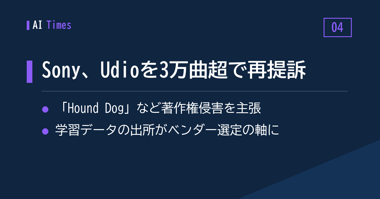 4. Sony Music、Udioを新たに提訴——「Hound Dog」含む3万曲超が対象