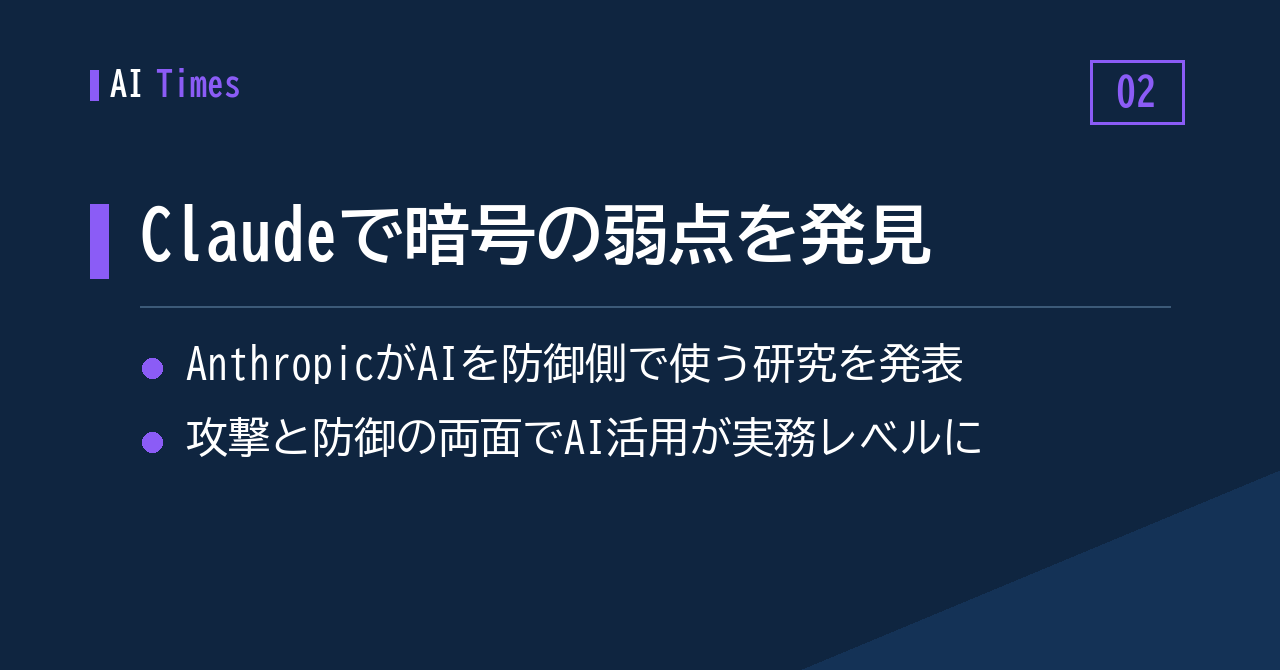 2. Anthropic、Claudeを防御側で使う——暗号の弱点発見に関する研究を発表