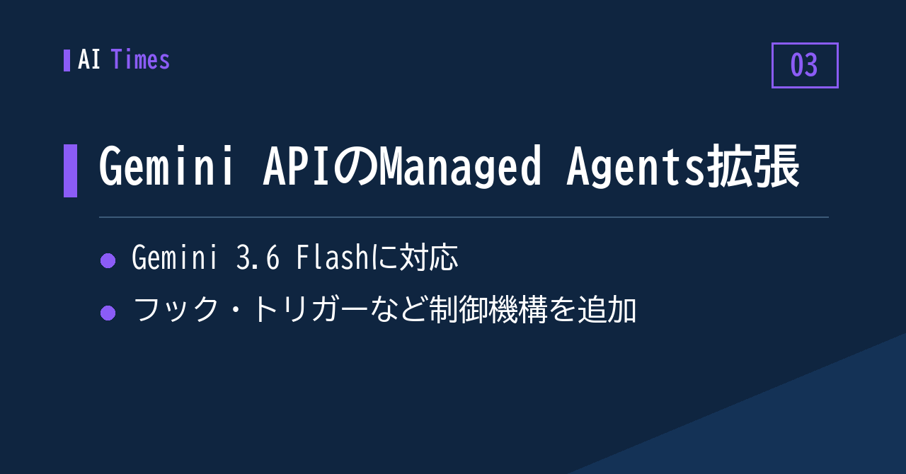 3. Gemini APIの「Managed Agents」が拡張、Gemini 3.6 Flashとフック機構をサポート