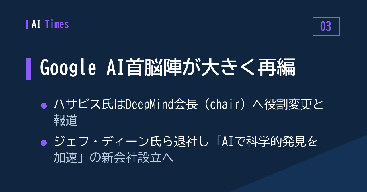 3. ハサビス氏は会長職へ、ディーン氏らは起業へ——Google AI体制の再編が報じられる