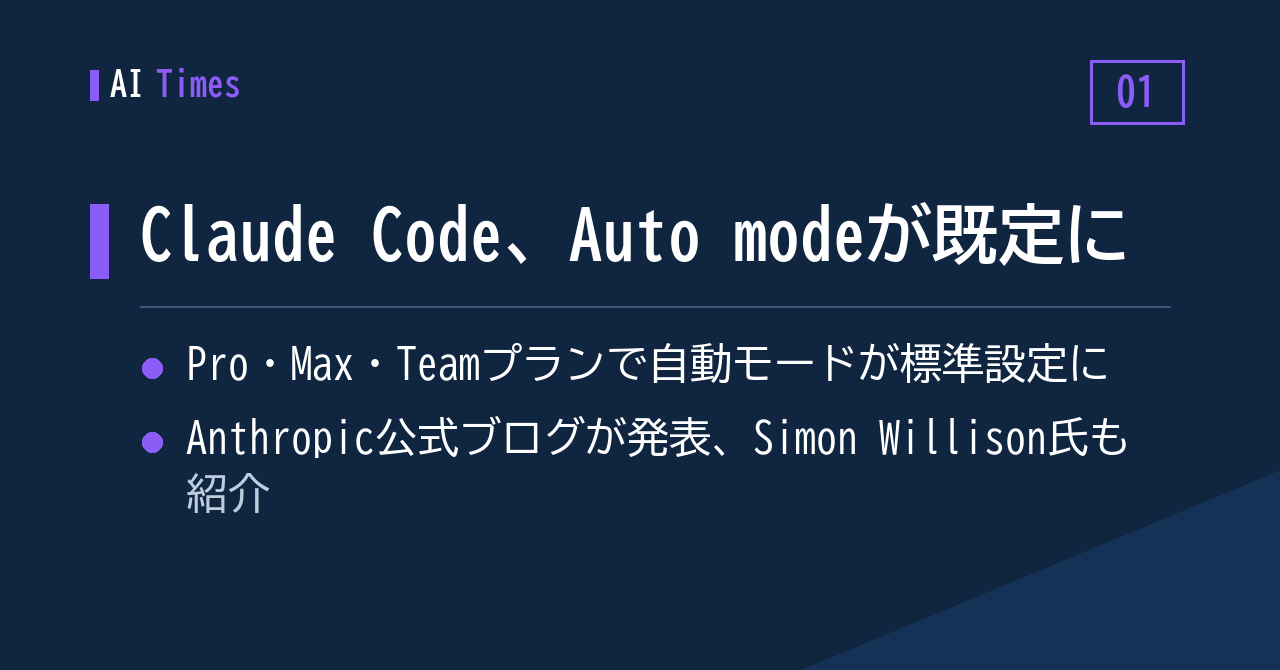 Anthropic、Claude Codeの既定設定を「Auto mode」に切り替え（Pro・Max・Team）