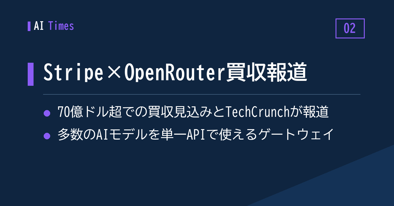 ② 報道：AIゲートウェイのOpenRouter、Stripeが70億ドル超で買収へ