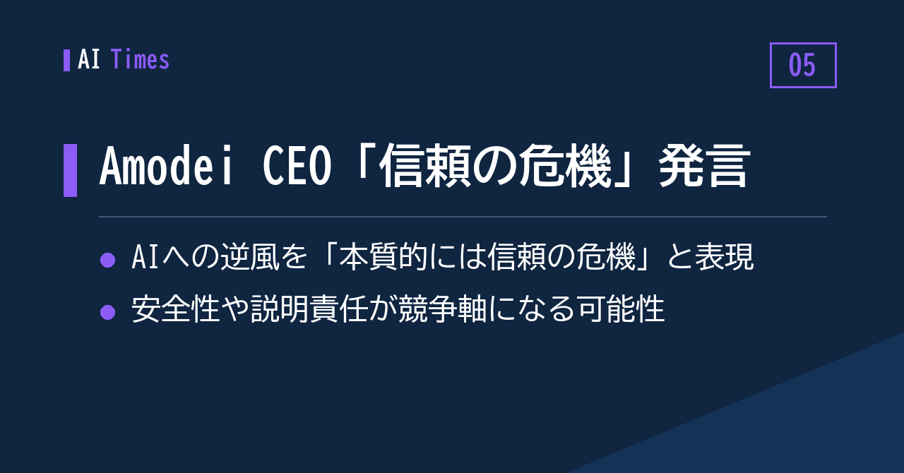 ⑤ 「AIへの逆風は信頼の危機」——Anthropicのアモデイ CEOが語る
