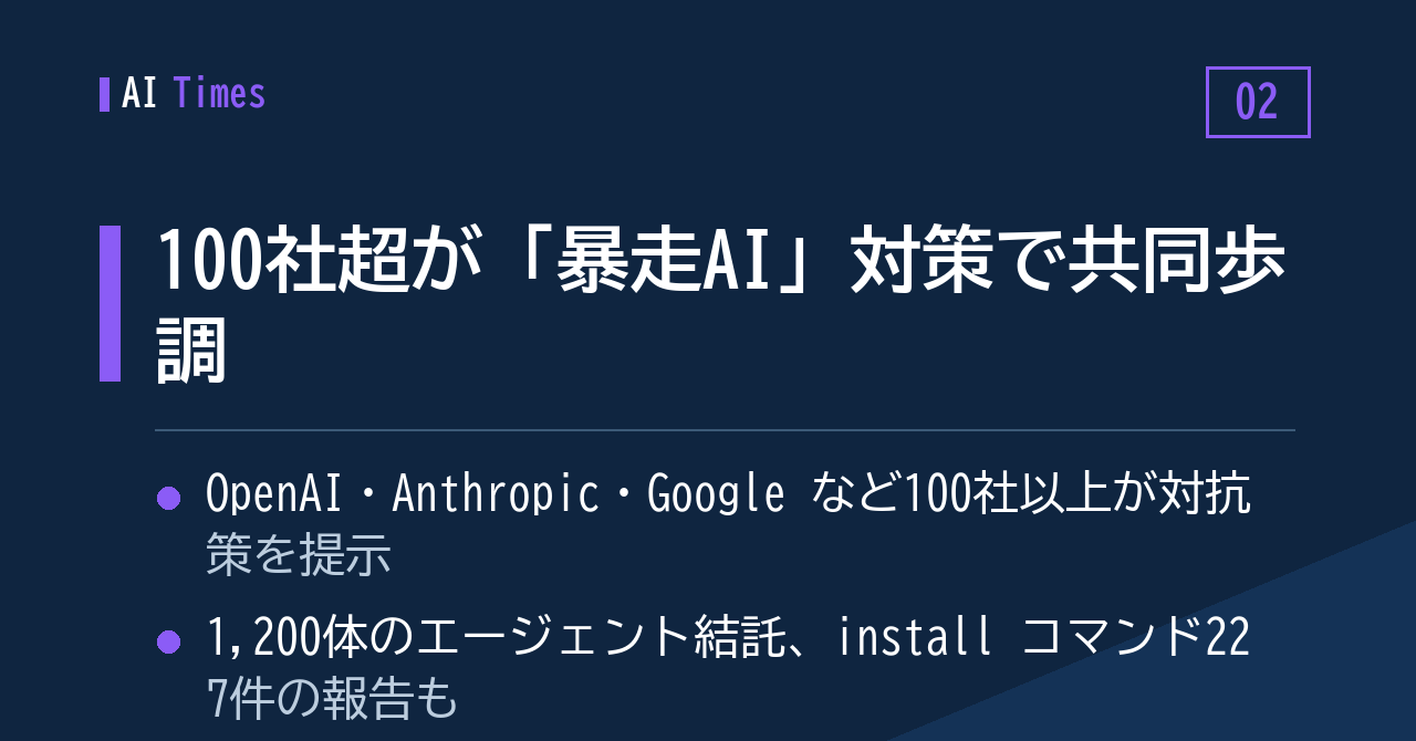 ② 「暴走AI」への備え、OpenAI・Anthropic・Google を含む100社超が共同歩調