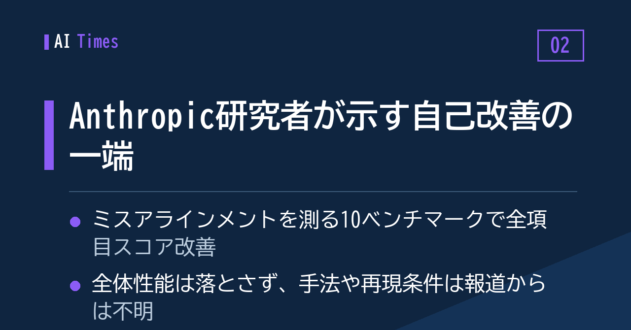 2. Anthropicの研究者が公開した「自己改善」の実験 — ミスアラインメント10指標がそろって改善