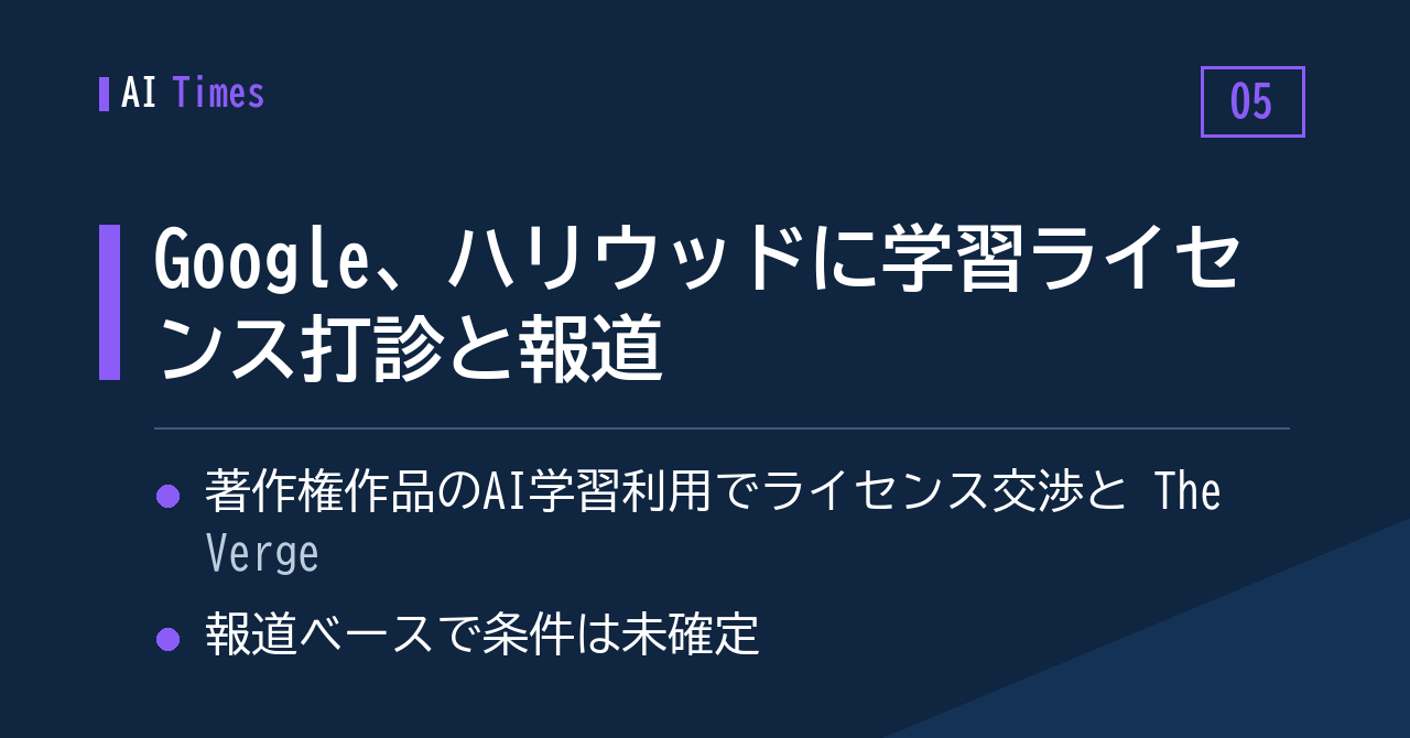 ⑤ 学習用ライセンスを求めて、Google がハリウッドに接触との報道