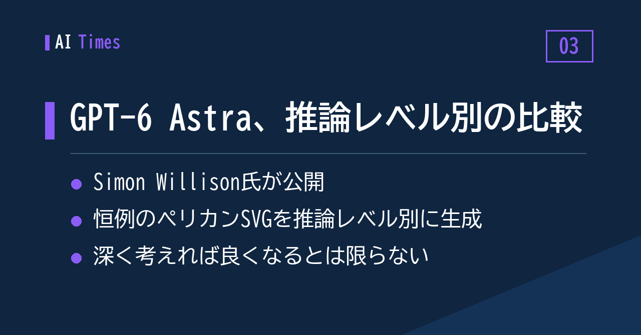 3. GPT-6 Astra、推論レベルごとの出力をSimon Willison氏が並べて公開