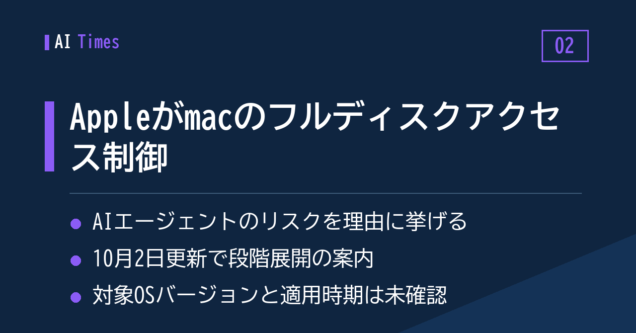 AIエージェントのリスクを理由に、Appleがmacの「フルディスクアクセス」に制御を追加